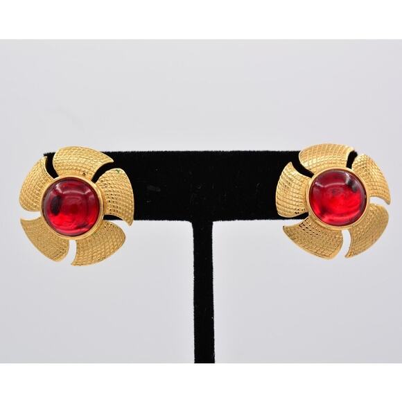 Sarah Cov Vintage Flower Red Cabochon Earrings Post Gold SC Signed 1980s BinAZ - Picture 1 of 12